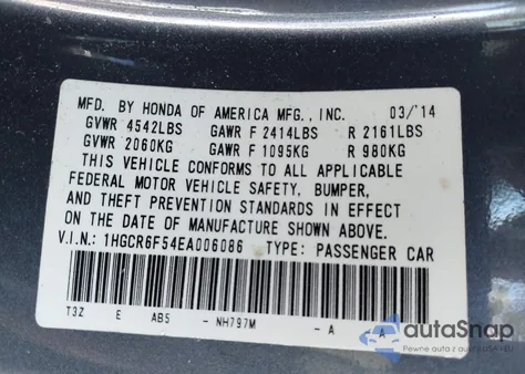 2014 Honda Accord Hybrid Ex-L from USA, damaged, VIN 1HGCR6F54EA006086